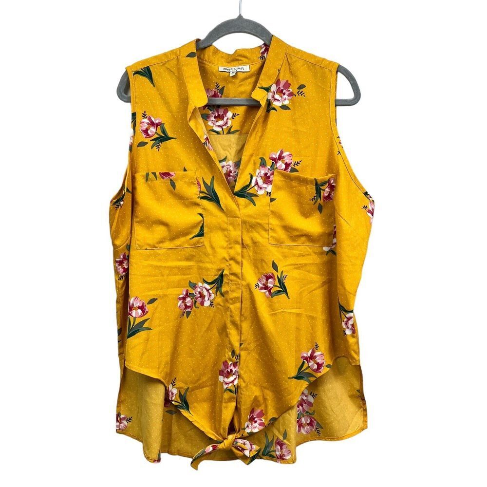 Speed Limit Women Top Blouse Floral VNeck Button Tie Waist Sleeveless Yellow 1X*